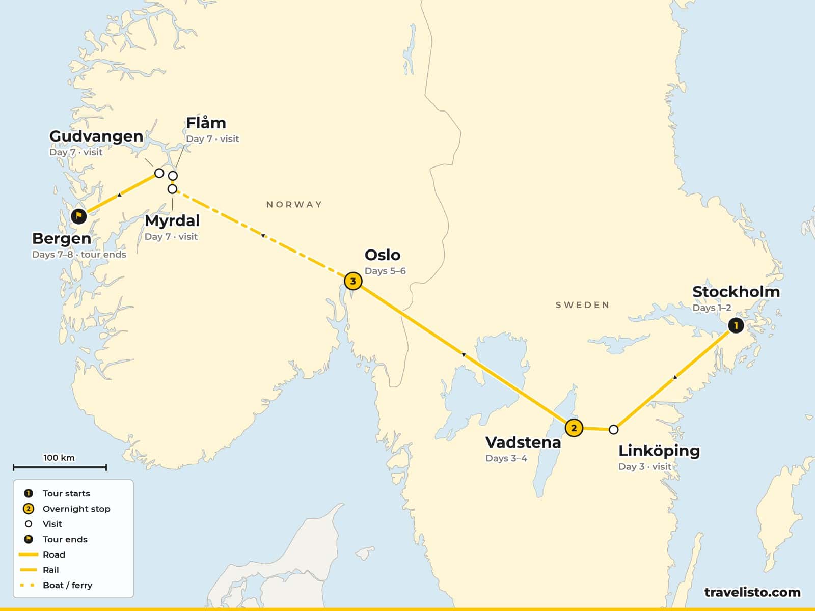 Route map of the 9-day trip from Stockholm via Linköping, Vadstena and Oslo to Flåm, the Nærøyfjord and Bergen