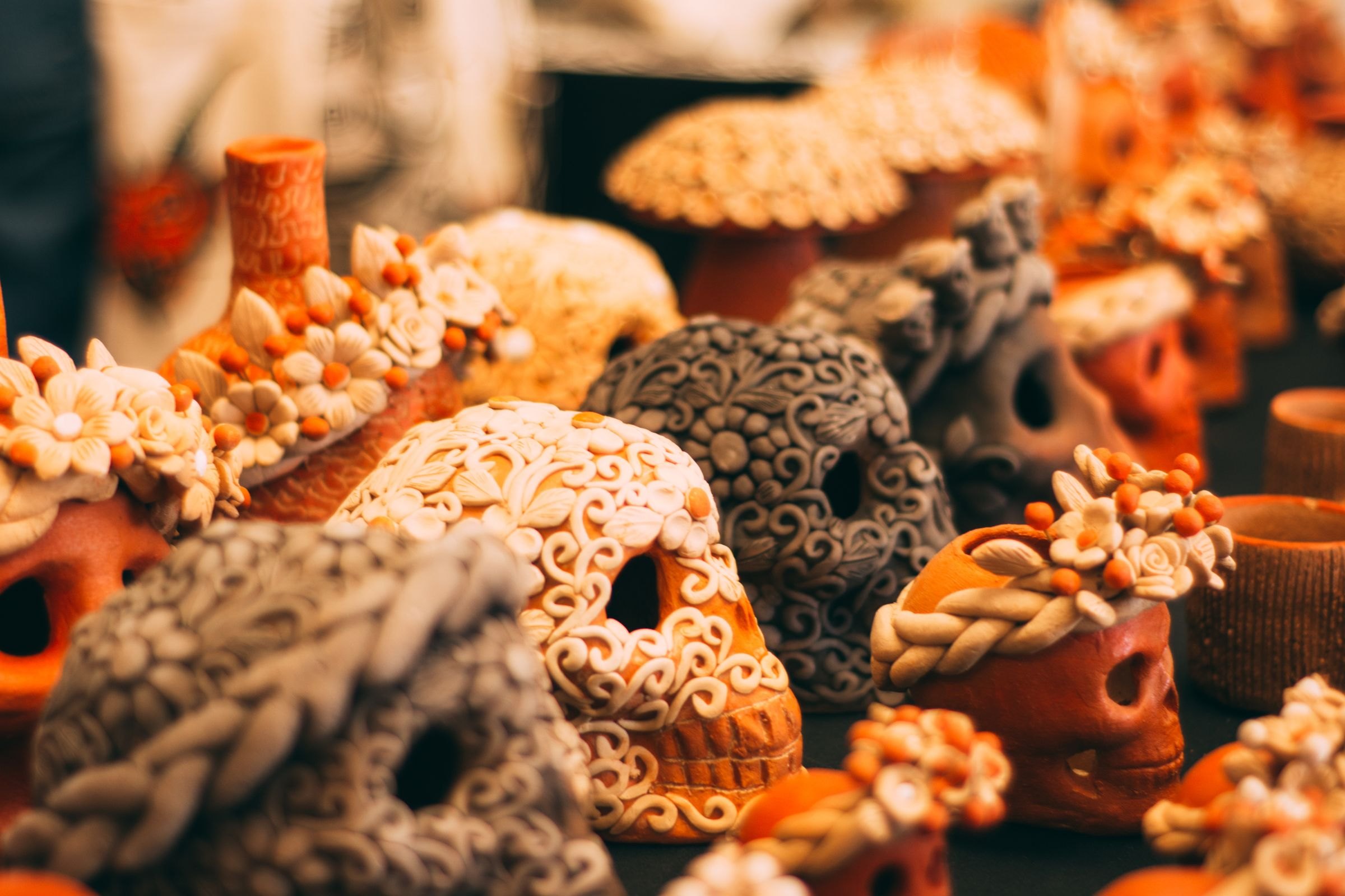 Decorated skulls at a market