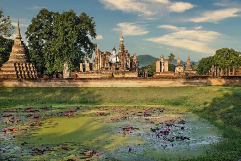 Temples and a lotus pond in Sukhothai Historical Park
