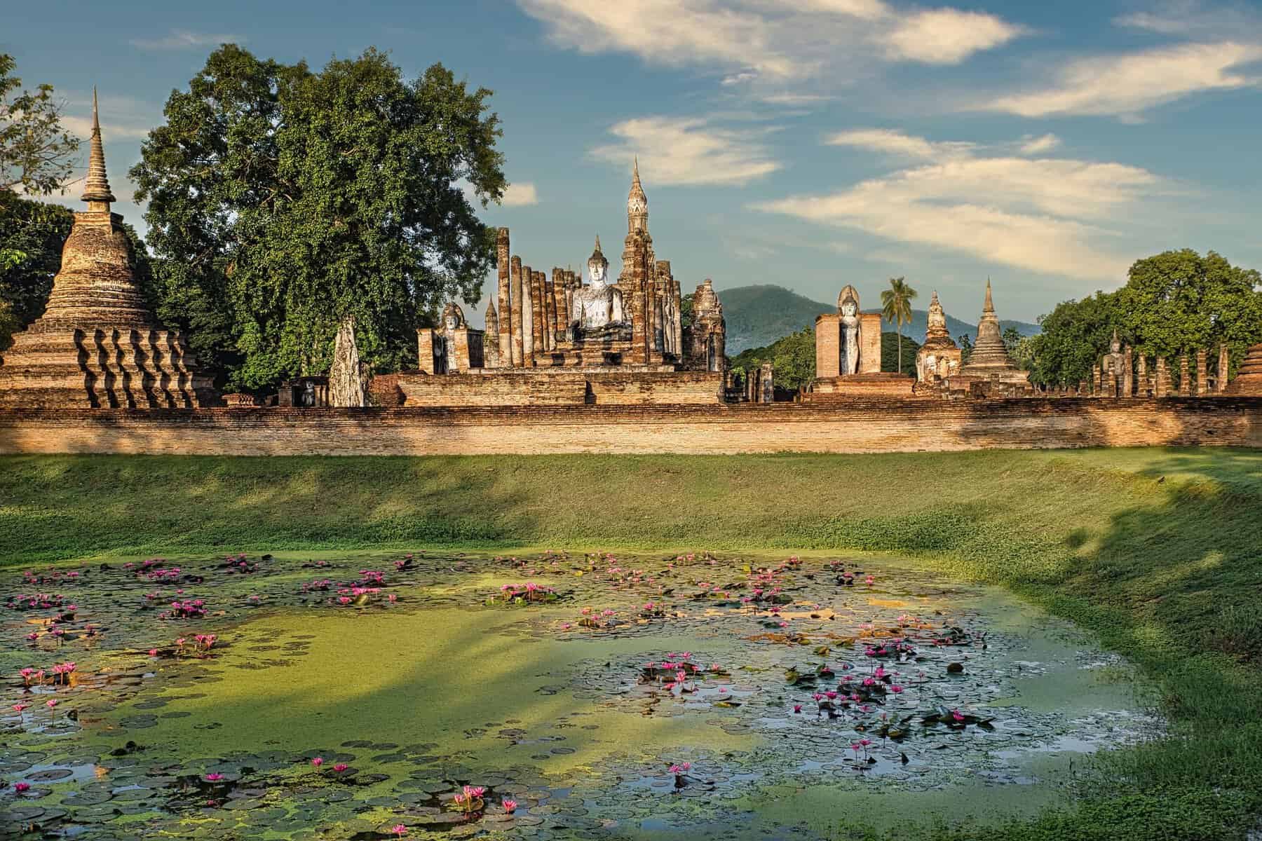 Temples and a lotus pond in Sukhothai Historical Park