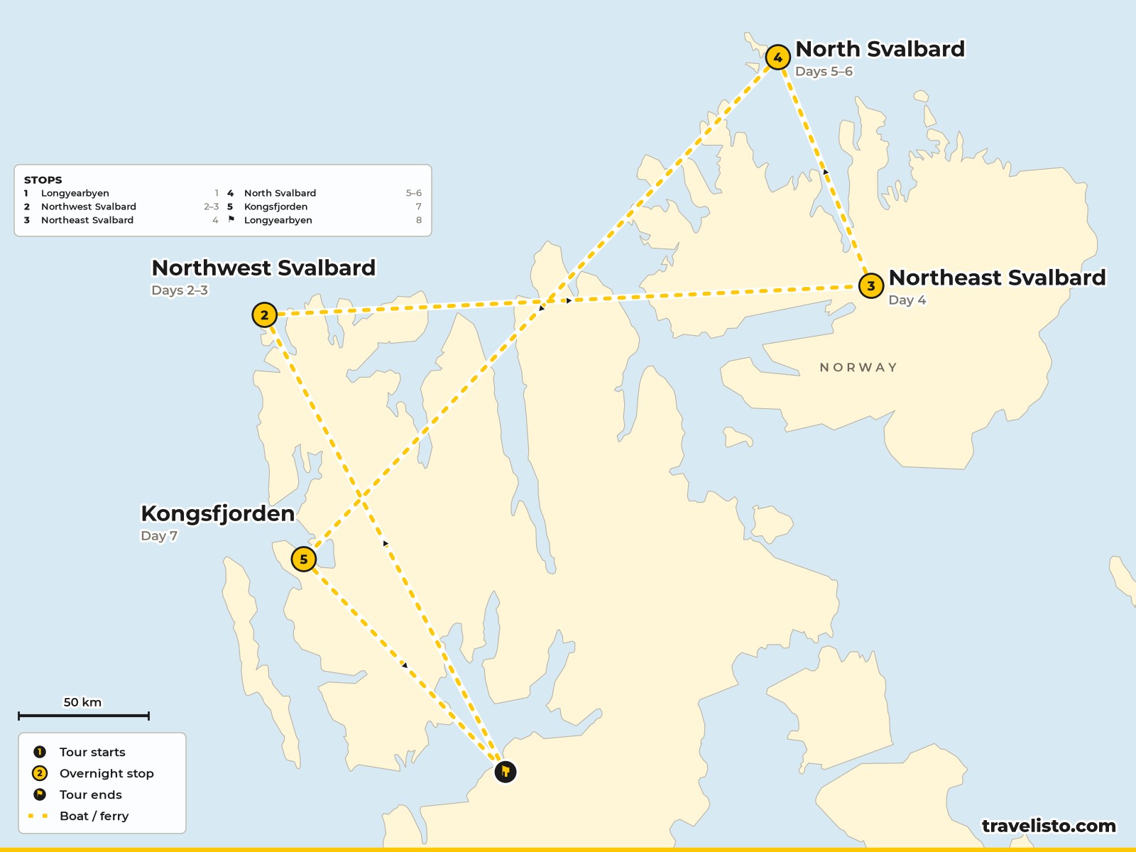 Map of the 8-day expedition cruise around Svalbard from Longyearbyen