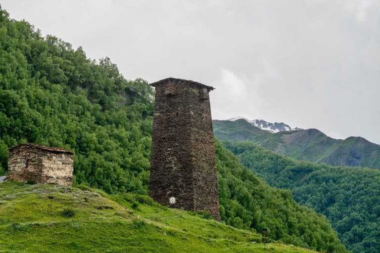 A medieval Svan stone tower in the hills around Mestia, Georgia