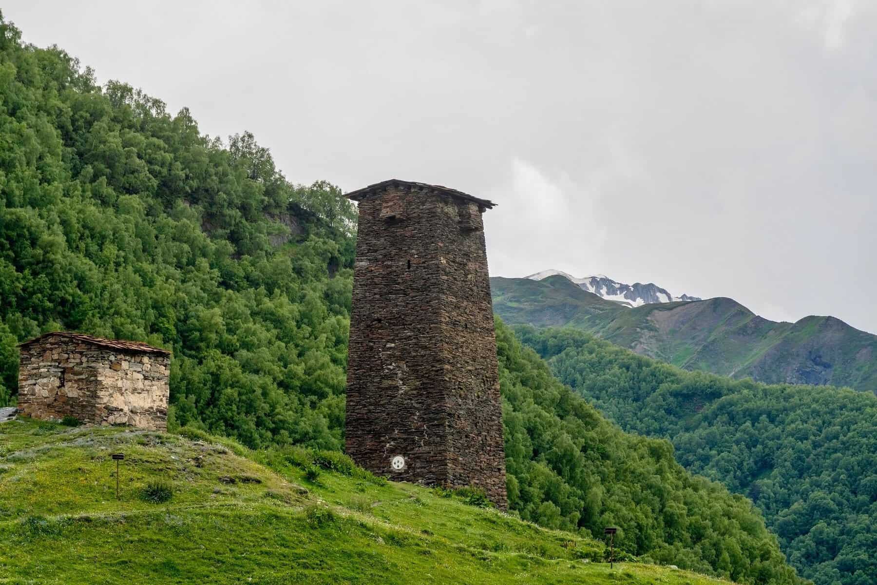 A medieval Svan stone tower in the hills around Mestia, Georgia