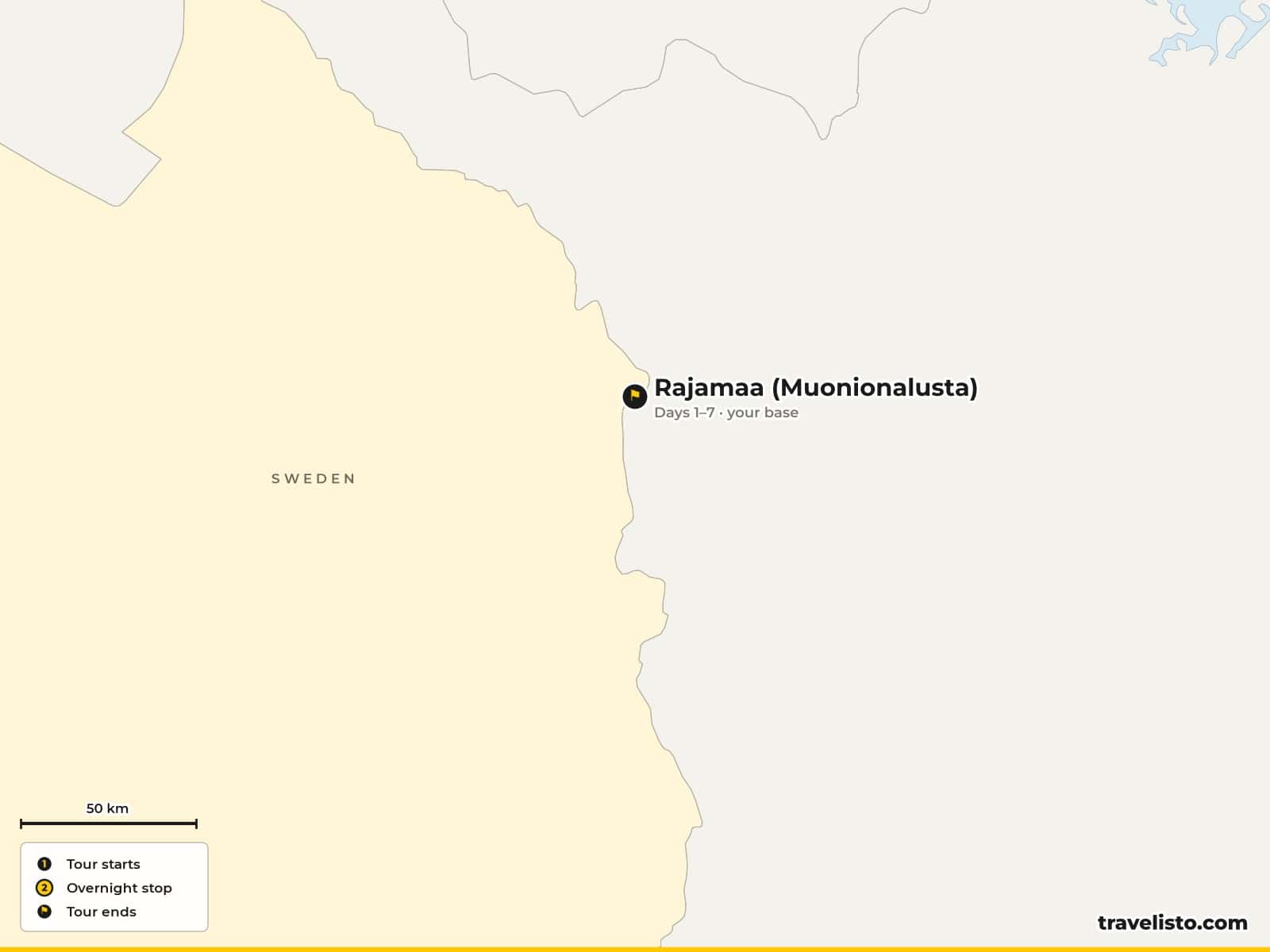 Map of the 8-day winter trip based at Rajamaa in Muonionalusta, Swedish Lapland, on the River Muonio
