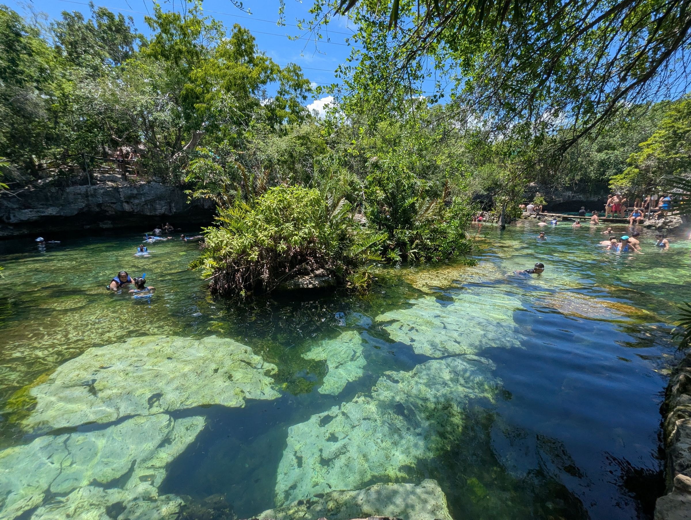 Swimmers in a clear cenote near Playa del Carmen