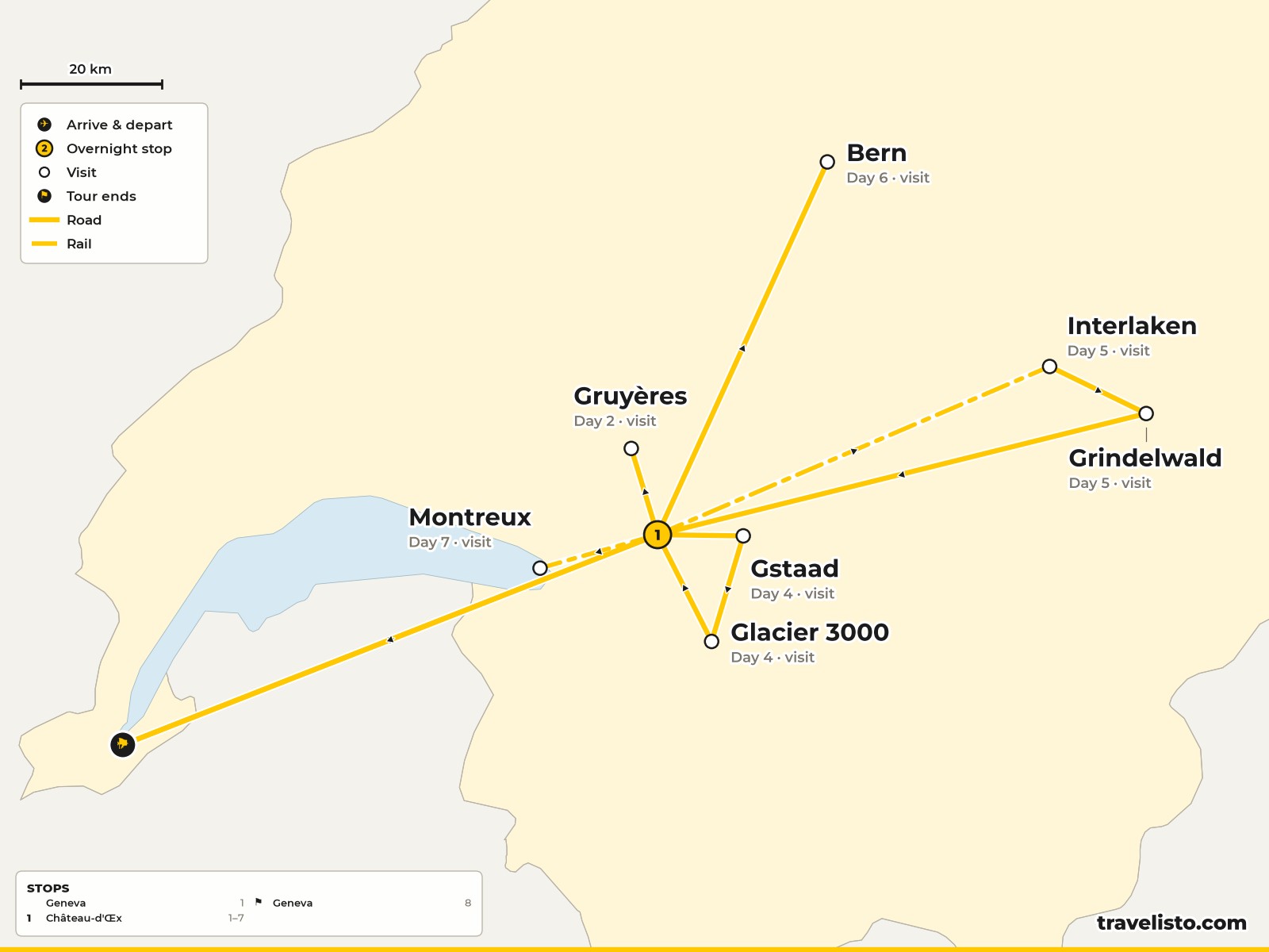 Map of the 8-day holiday based in Château-d'Oex with trips to Gruyères, Interlaken, Grindelwald and Montreux