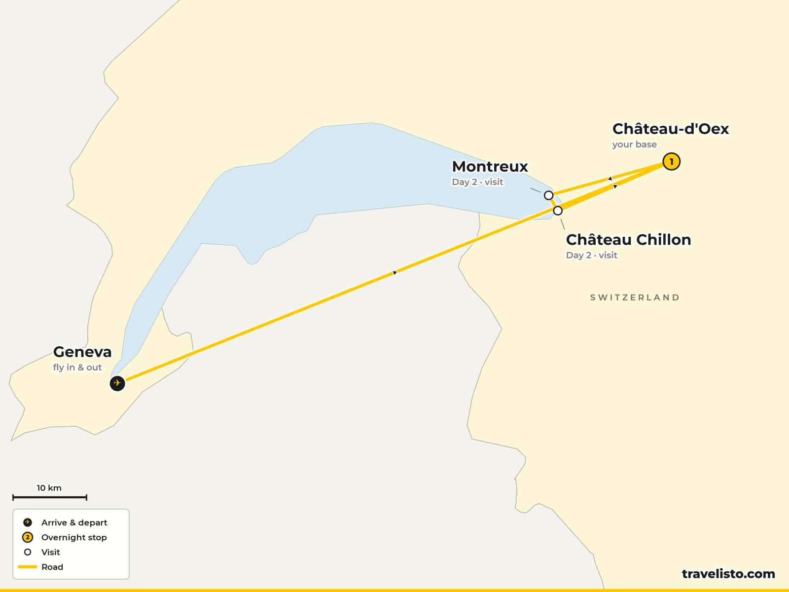Map of the 4-day break from Geneva to Château-d'Oex, with visits to Montreux on Lake Geneva and Bern