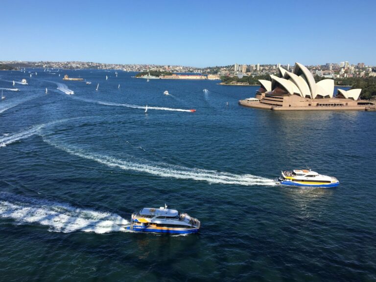 Sydney Harbour, the Opera House and ferries from above
