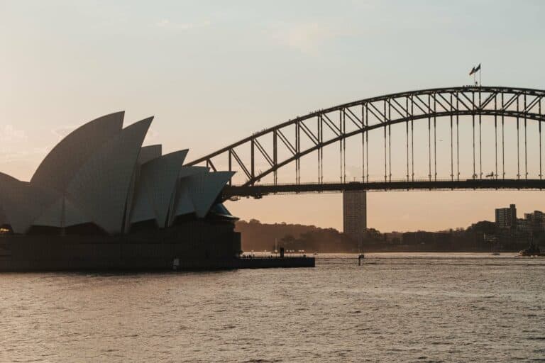 The Sydney Opera House and Harbour Bridge at dusk