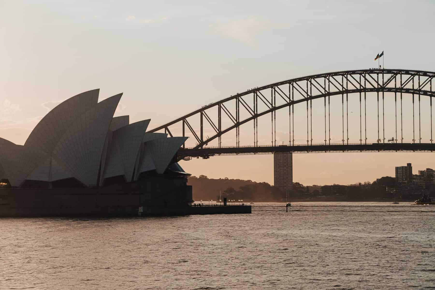 The Sydney Opera House and Harbour Bridge at dusk