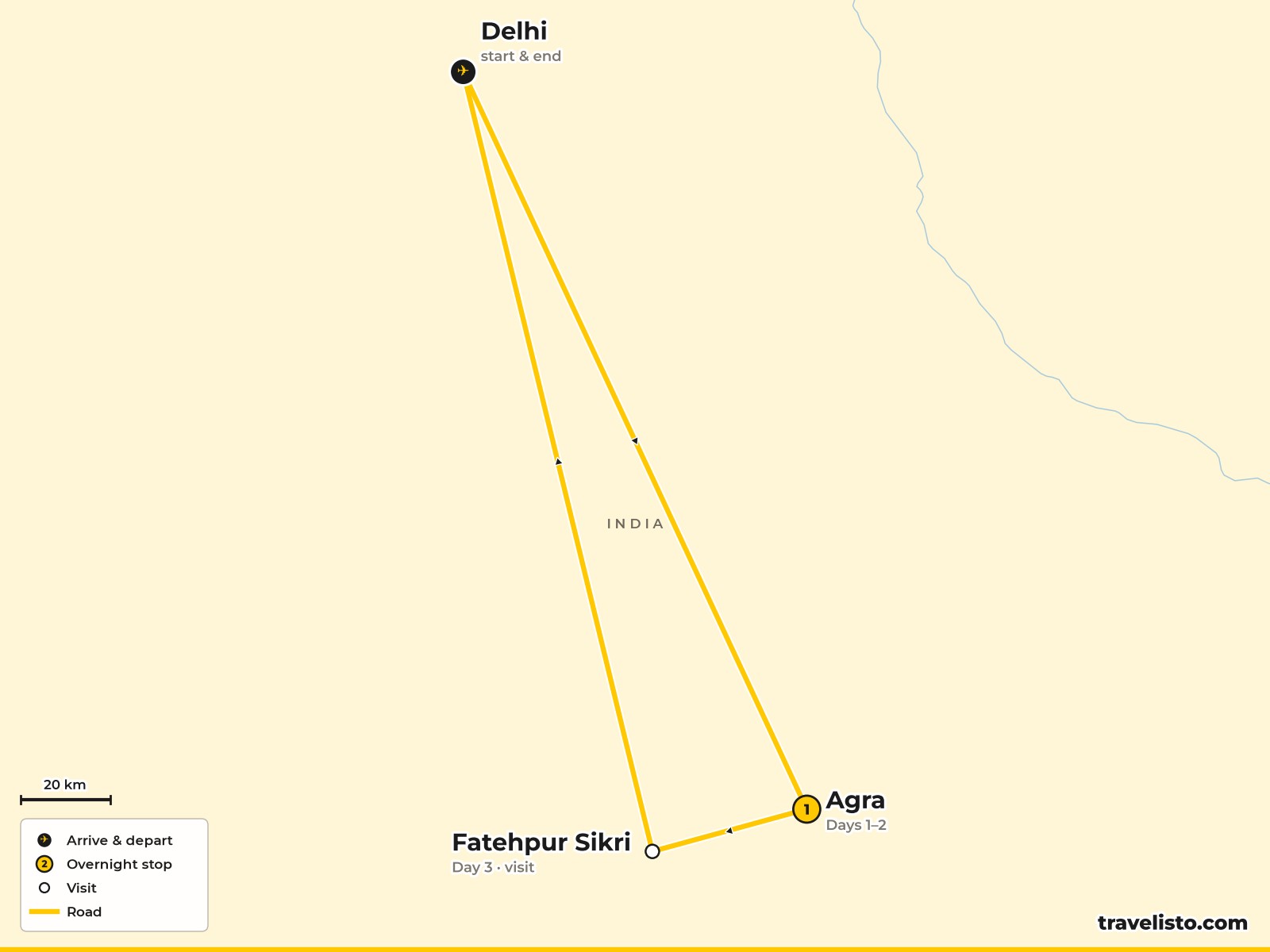 Map of the 3-day short break from Delhi to Agra and Fatehpur Sikri