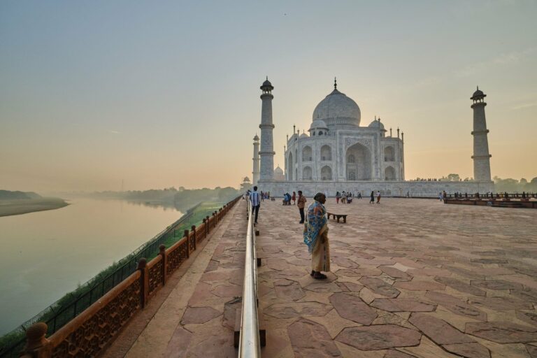 The Taj Mahal at sunrise from the riverside