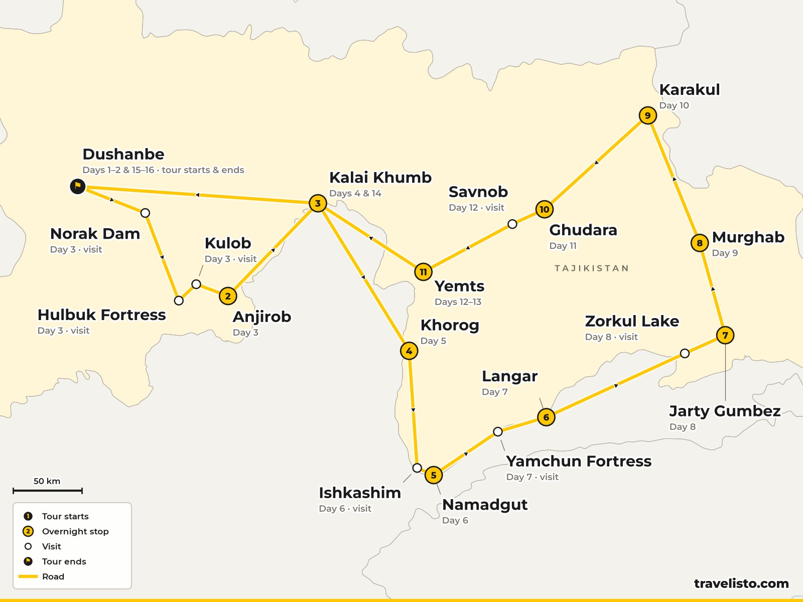 Map of the 16-day route from Dushanbe along the Pamir Highway and Wakhan Valley to Murghab, Karakul, the Bartang Valley and back