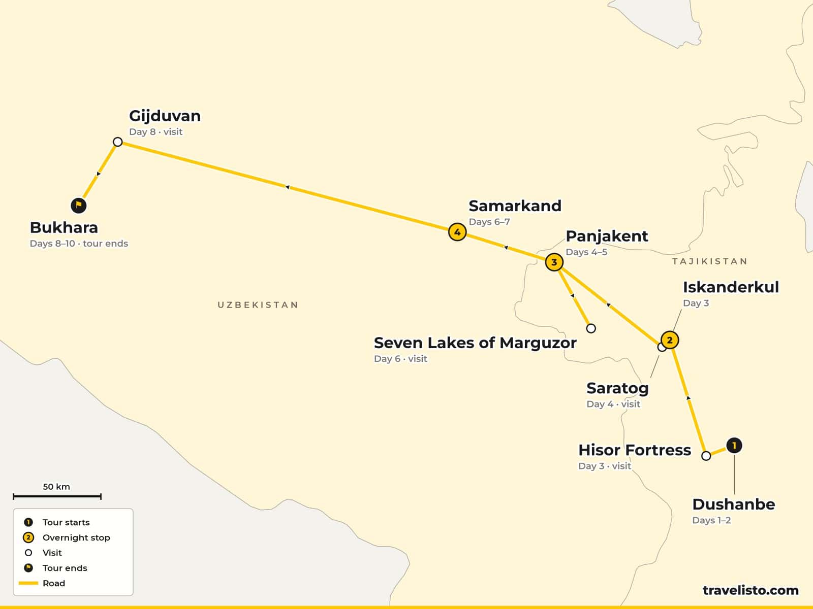 Map of the 11-day trip from Dushanbe through the Fann Mountains, Iskanderkul and Panjakent in Tajikistan to Samarkand and Bukhara in Uzbekistan