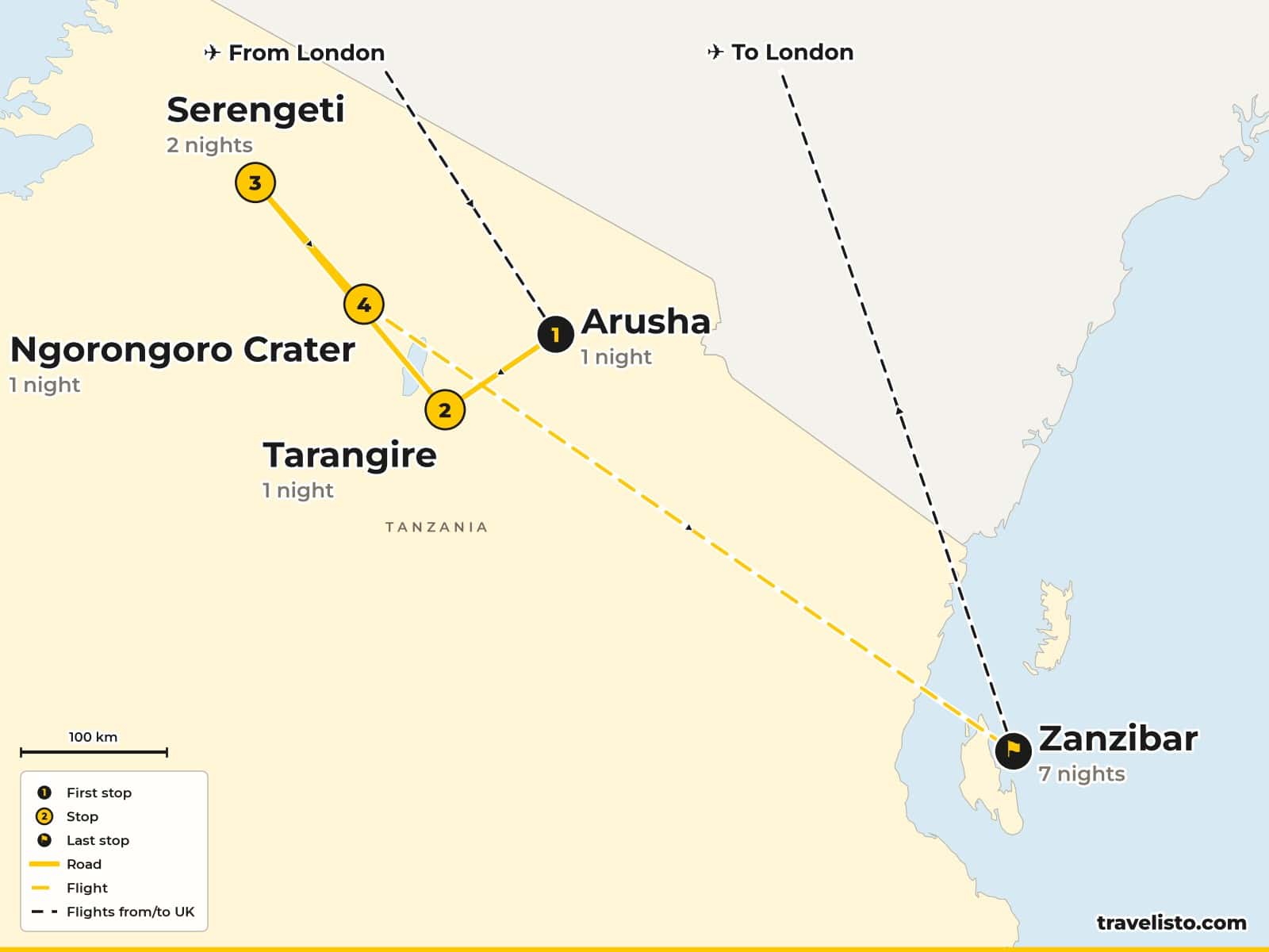 Route map: Tanzania Safari & Zanzibar