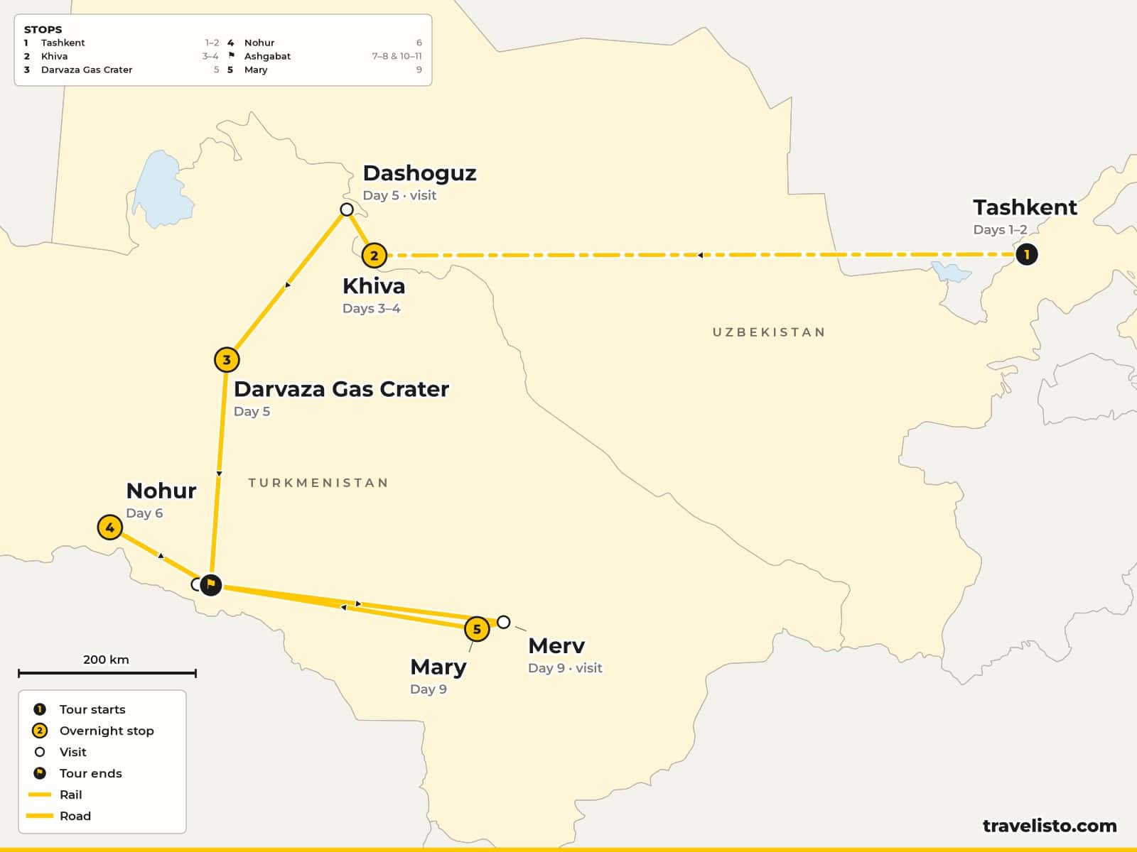 Map of the 11-day trip from Tashkent by train to Khiva, across the Karakum Desert to Darvaza, then Nohur, Ashgabat, Nisa, Mary and Merv