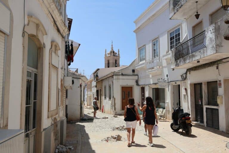 A cobbled street in the old town of Tavira, Algarve, Portugal