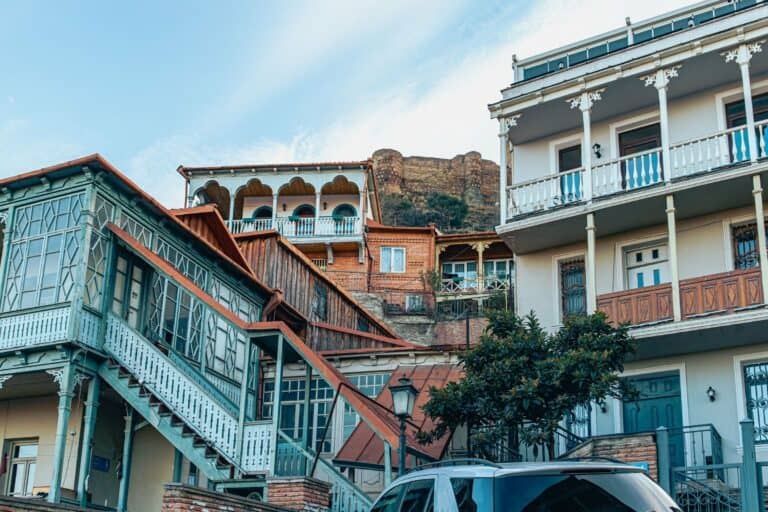 Traditional houses with carved balconies in Tbilisi's Old Town, Georgia