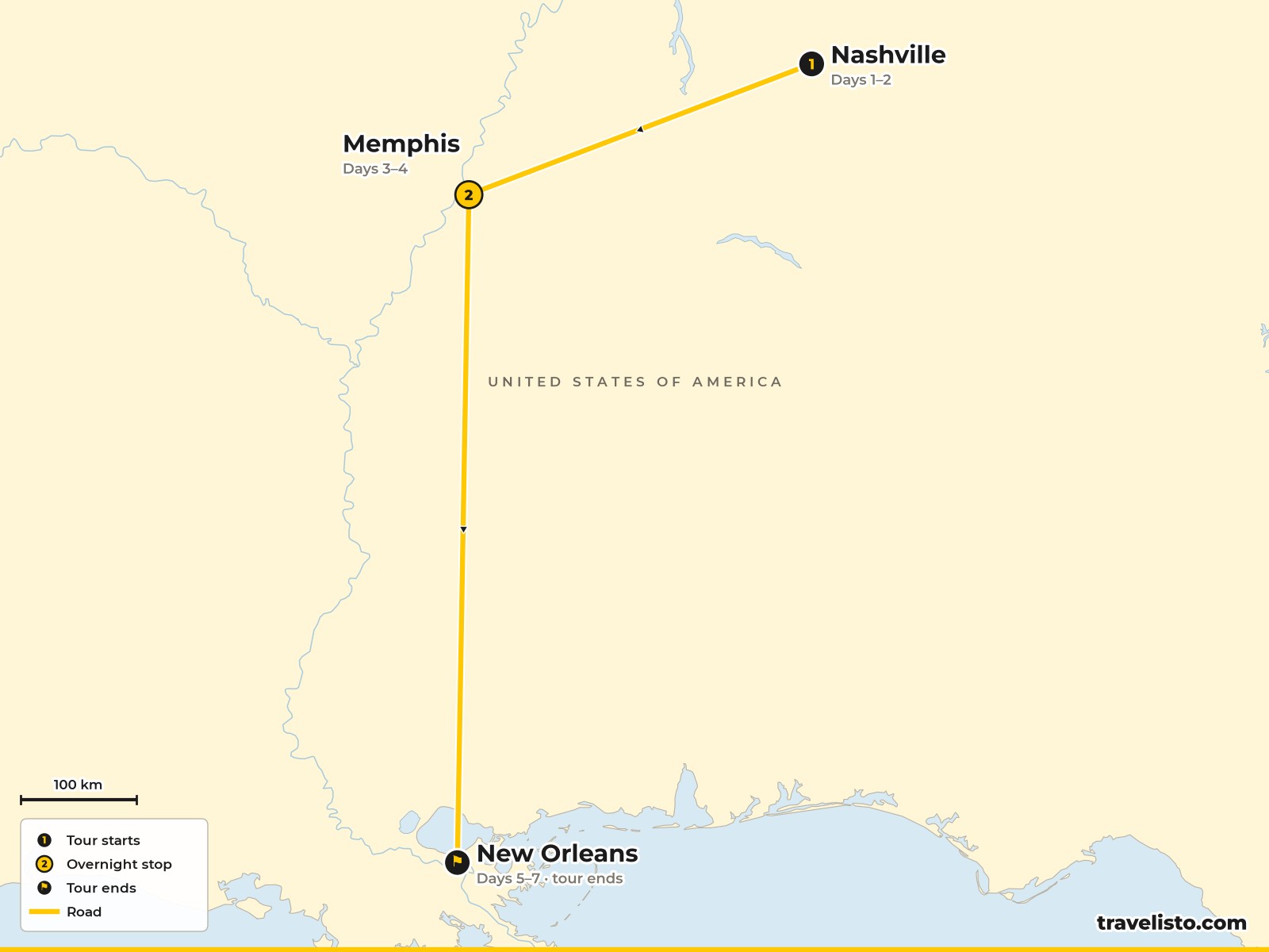 Map of the 7-day route from Nashville to Memphis and New Orleans