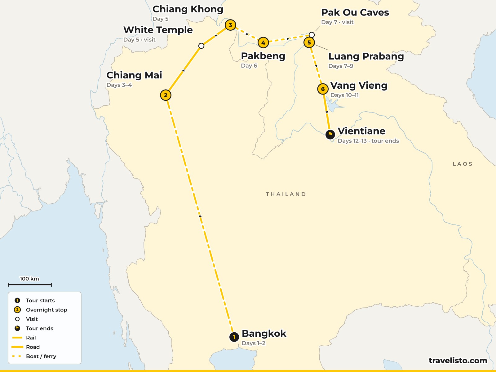 Map of the 13-day route from Bangkok to Chiang Mai, down the Mekong to Luang Prabang, Vang Vieng and Vientiane