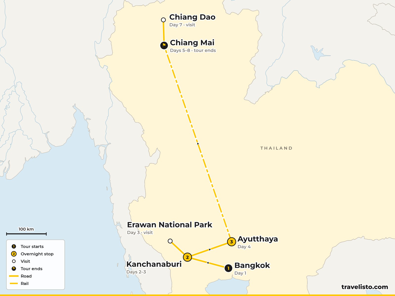 Map of the 8-day family route from Bangkok to Kanchanaburi, Ayutthaya and Chiang Mai