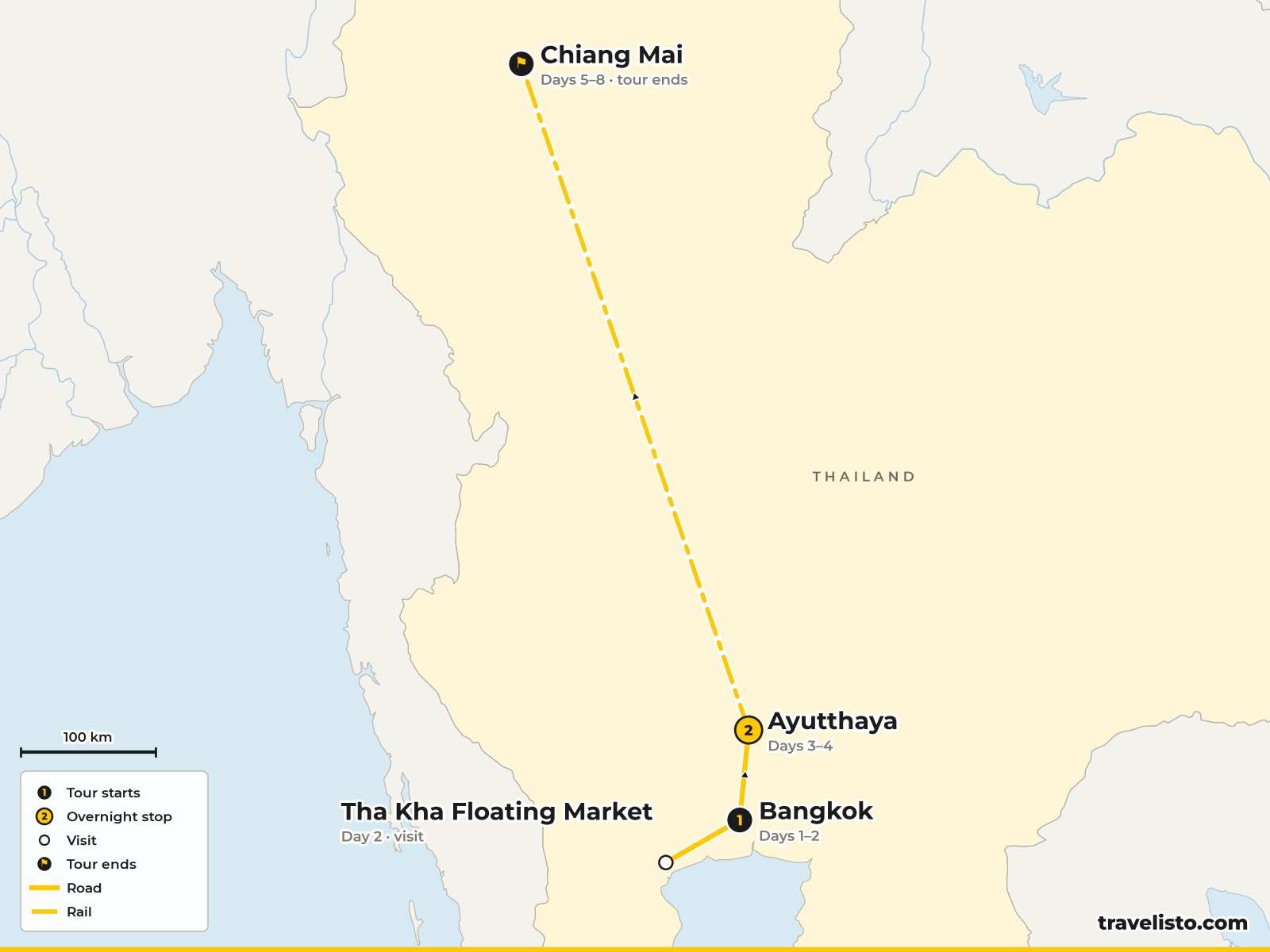 Map of the 8-day food route from Bangkok to Ayutthaya and Chiang Mai