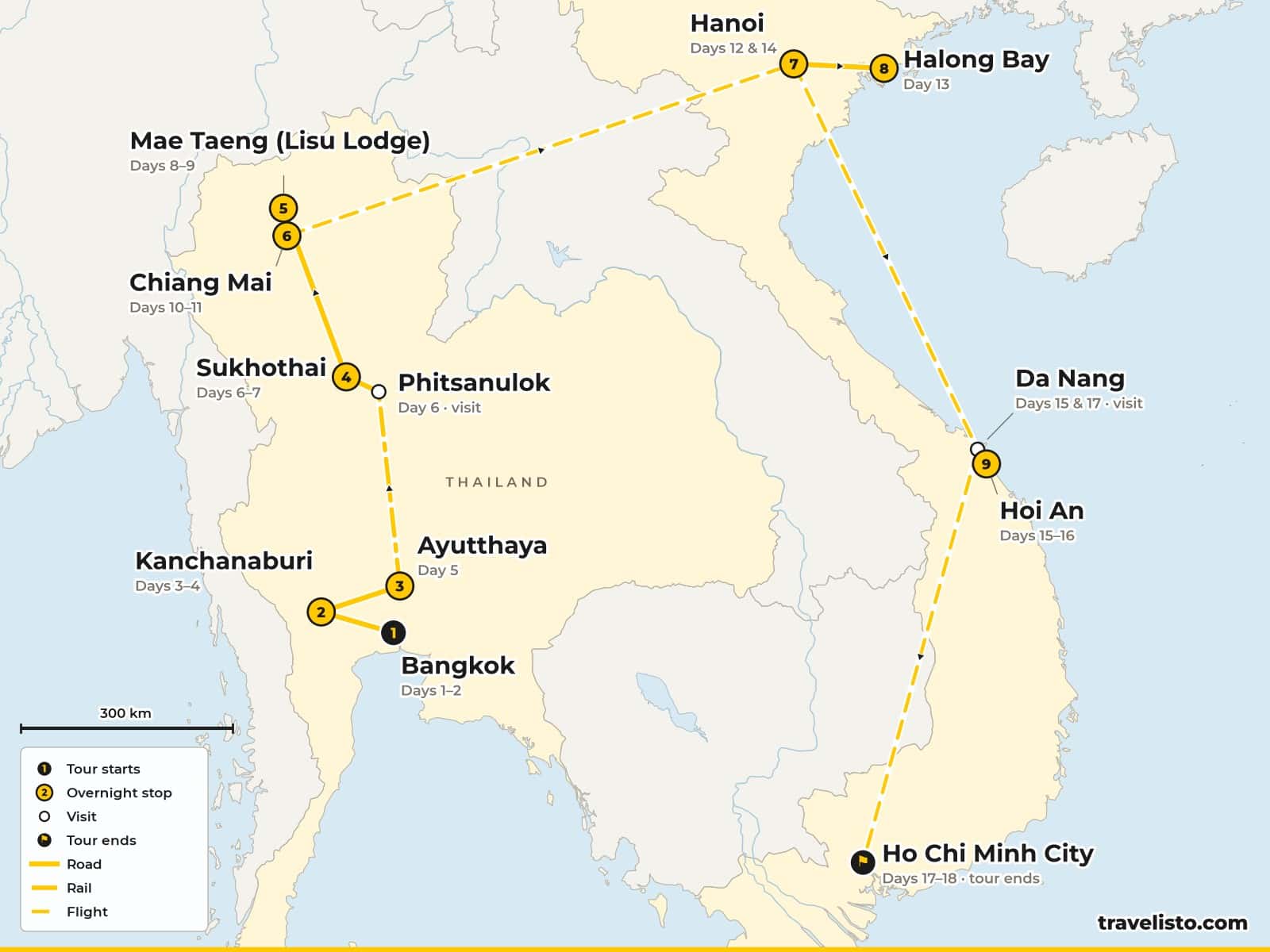 Map of the 19-day trip from Bangkok to Kanchanaburi, Ayutthaya, Sukhothai, Mae Taeng and Chiang Mai, then by air to Hanoi, Ha Long Bay, Hoi An and Ho Chi Minh City