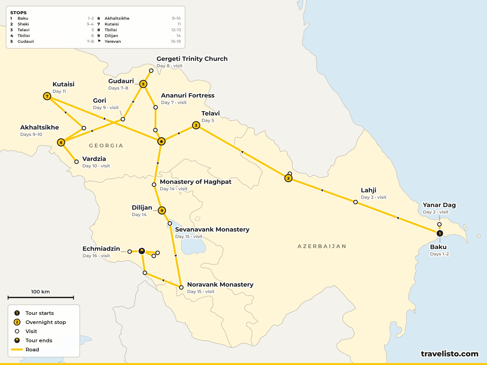 Map of the 19-day route from Baku through Georgia to Yerevan