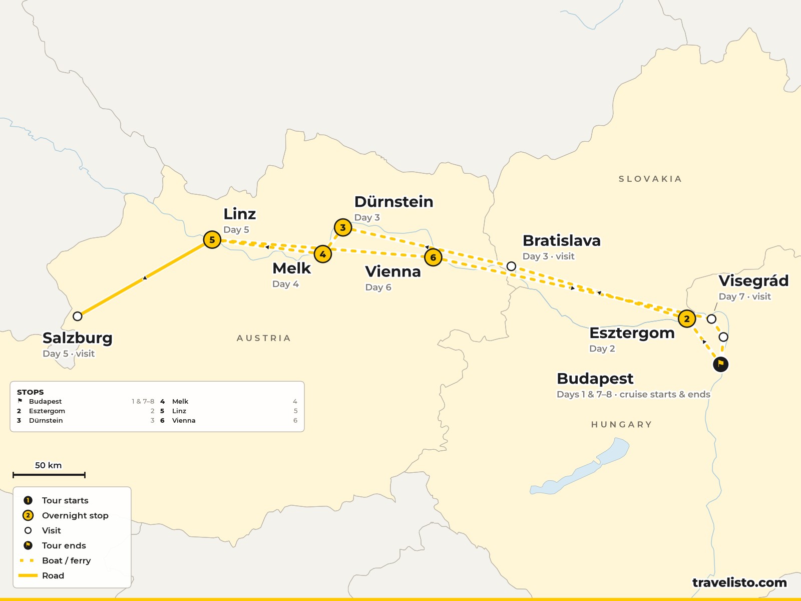 Map of the 8-day Danube cruise from Budapest to Esztergom, Bratislava, Melk, Linz and Vienna and back