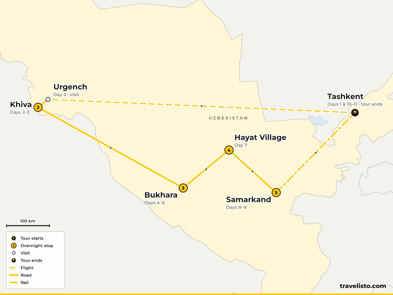 Map of the 11-day Silk Road route from Tashkent to Khiva, Bukhara and Samarkand