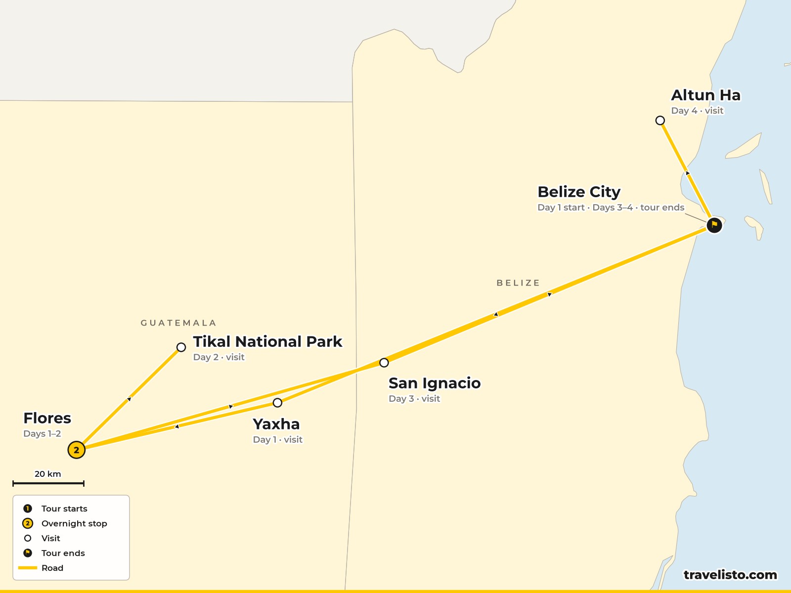 Map of the 4-day route from Belize City to Flores and Tikal