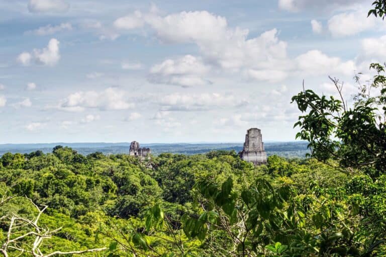 Maya temples of Tikal rising above the jungle, Guatemala