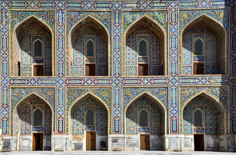 The mosaic facade of the Tilla-Kari Madrasa in Samarkand