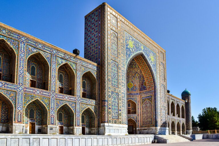 The facade of the Tillya-Kori Madrasa in Samarkand