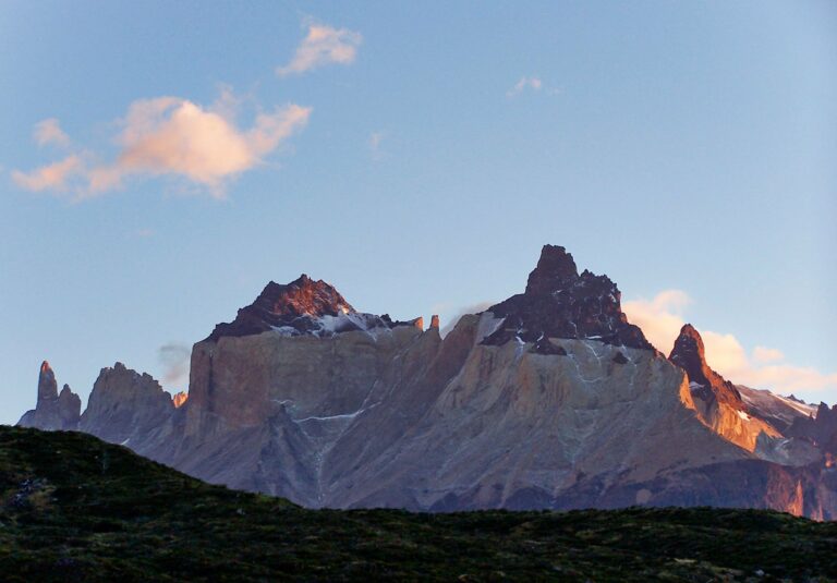 The Torres del Paine massif under a blue sky