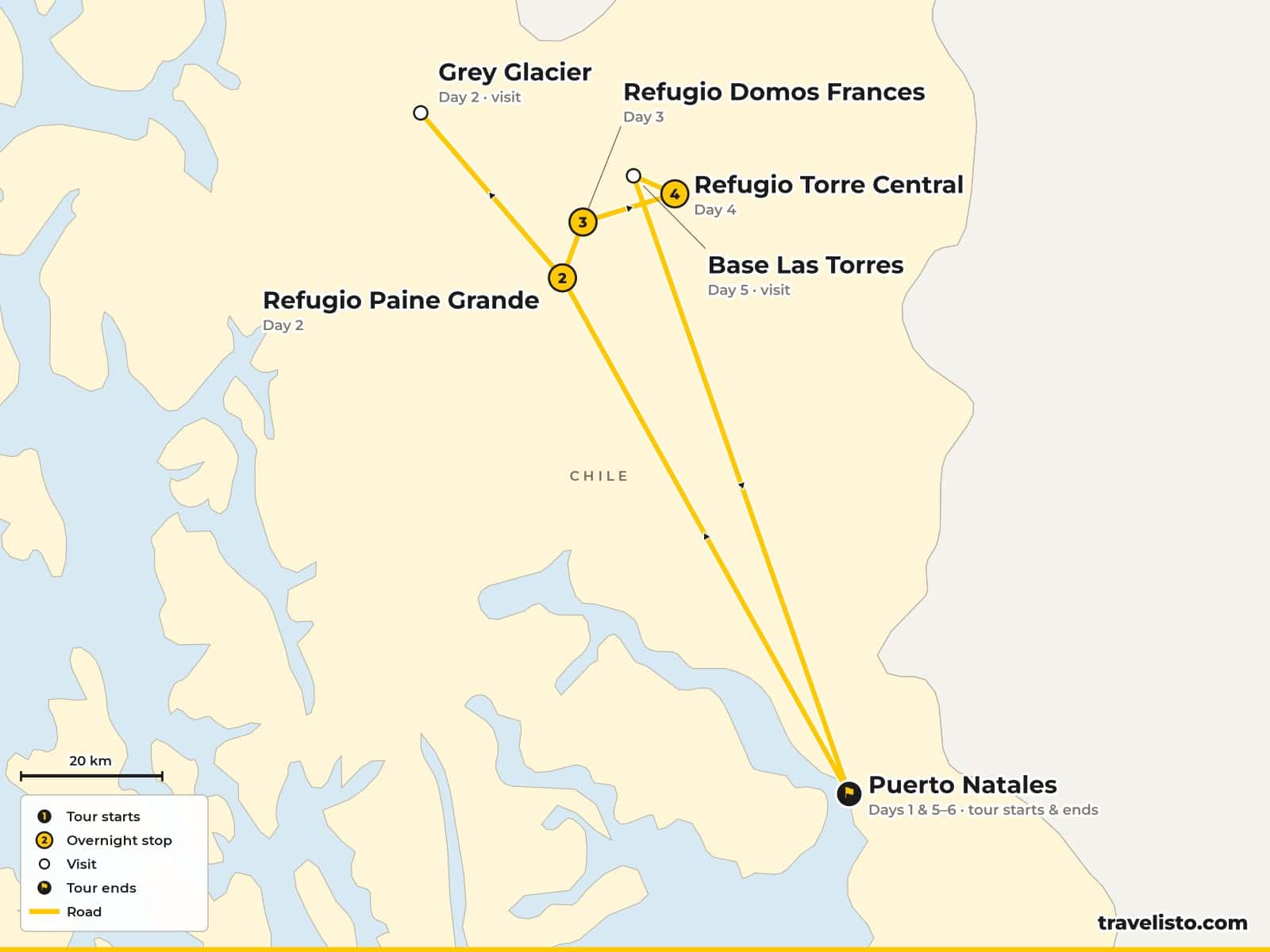 Map of the 6-day W trek from Puerto Natales through Torres del Paine via Grey Glacier, the French Valley and the Base of the Towers