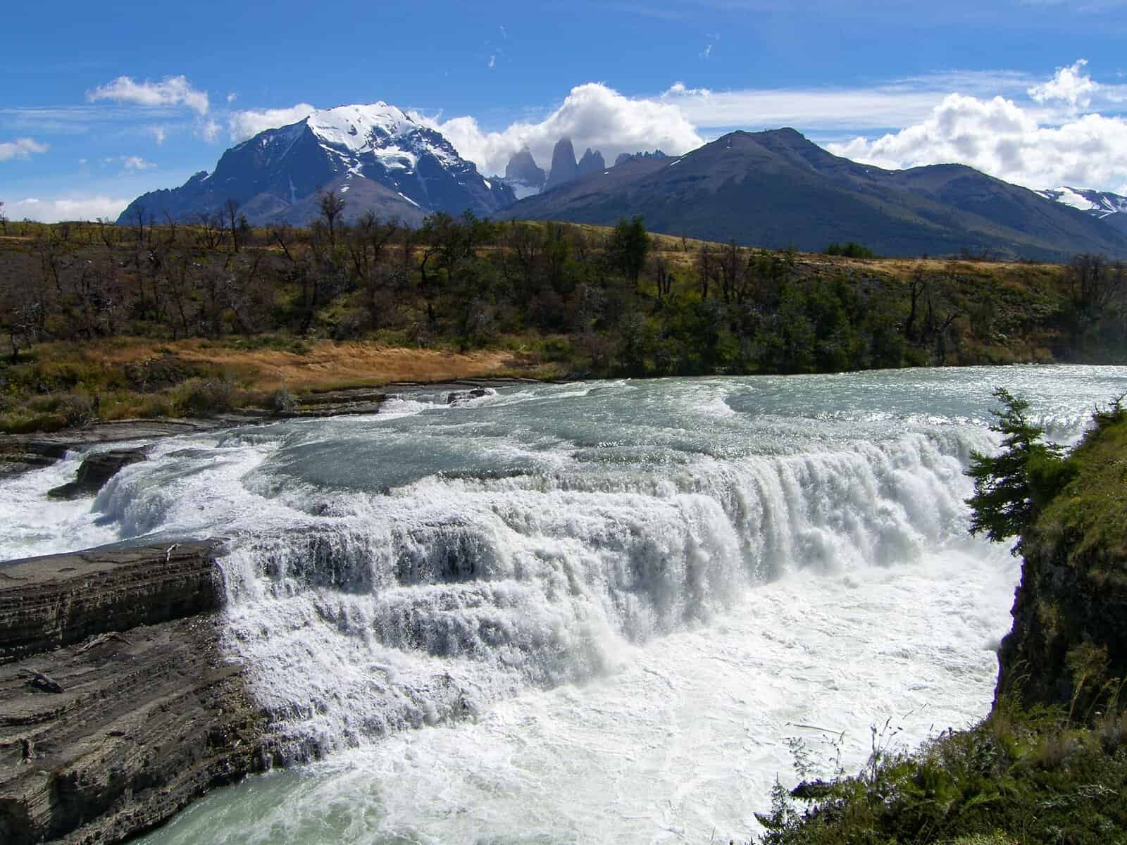 A waterfall beneath the mountains of Torres del Paine