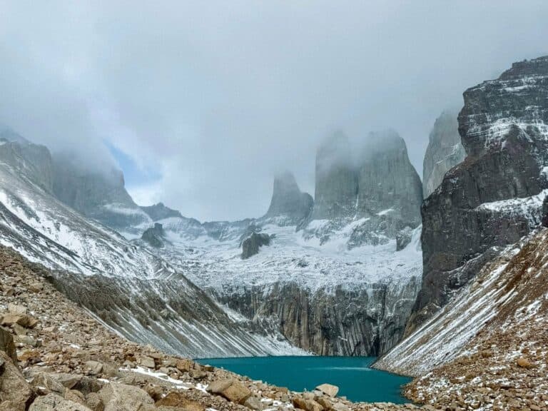 Snow-covered towers of Paine in the clouds