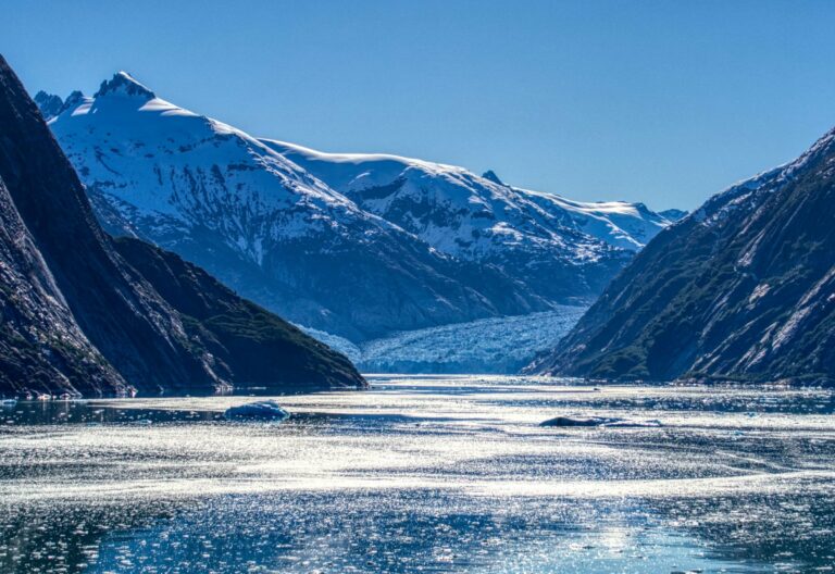 Snow-capped peaks above a fjord in Alaska
