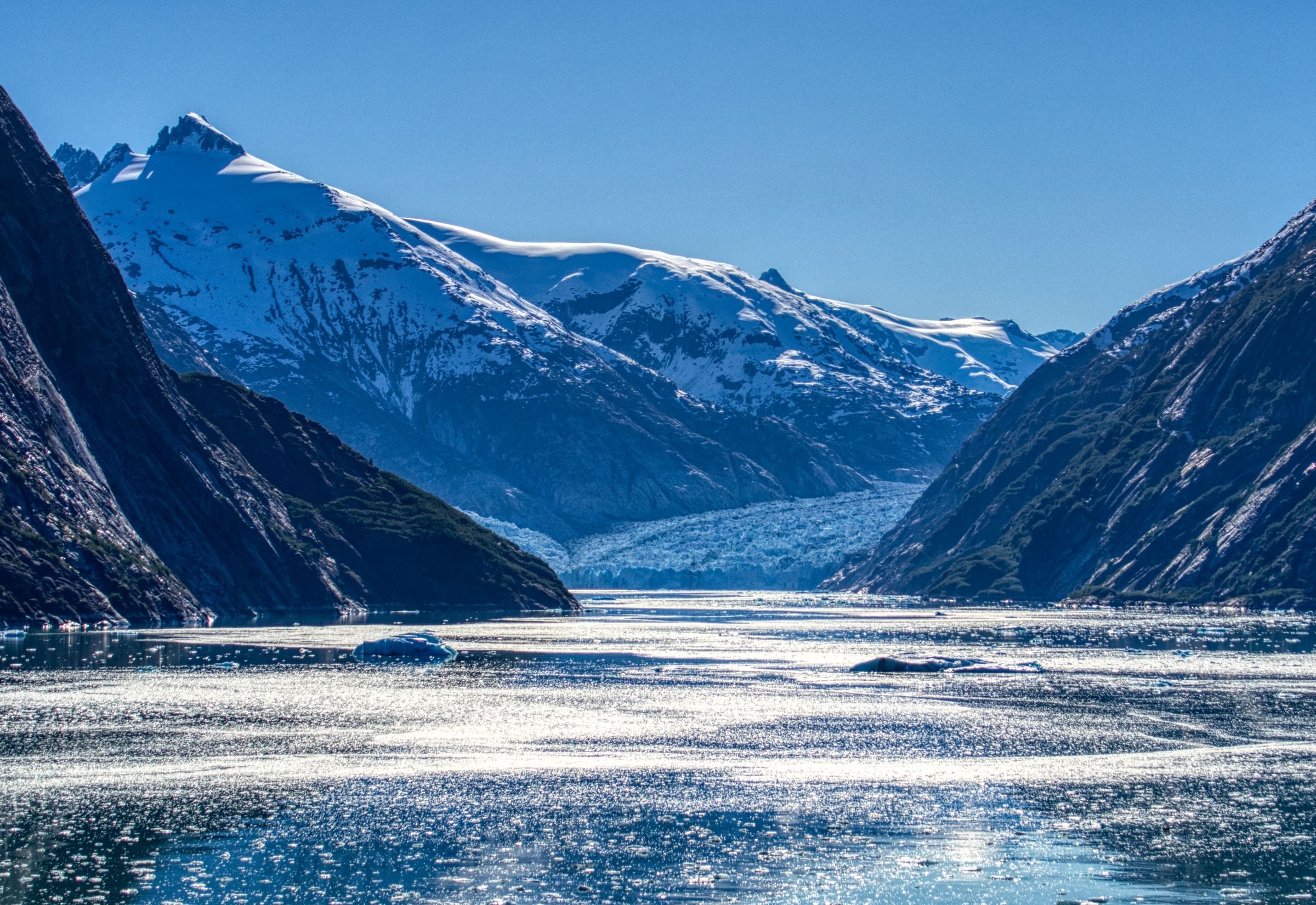 Snow-capped peaks above a fjord in Alaska