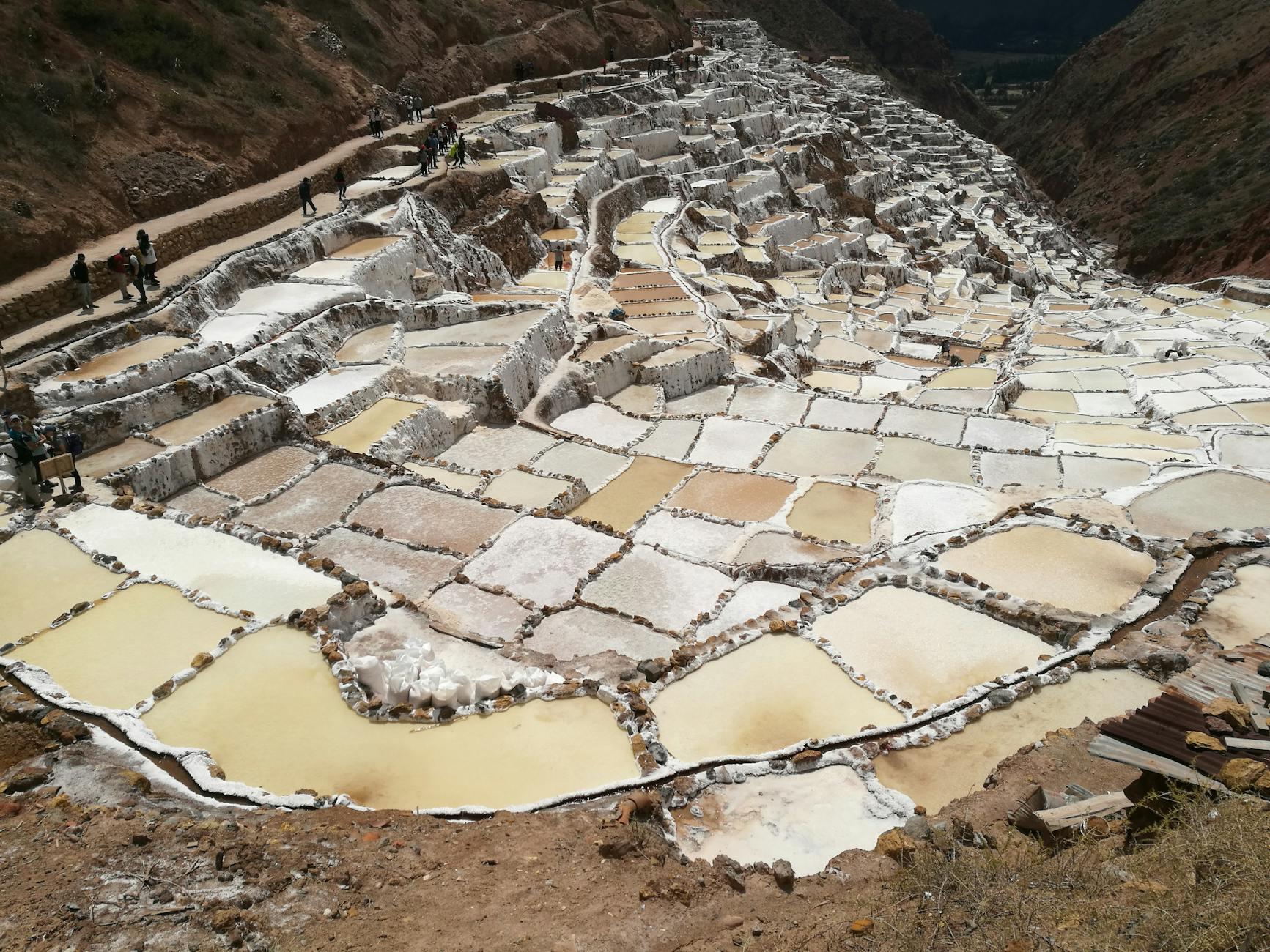Stunning aerial view of Maras salt ponds showcasing intricate patterns and textures. - Peru holidays by Travelisto.com