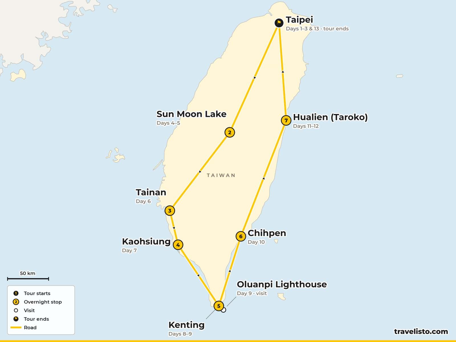 Map of the 14-day loop of Taiwan from Taipei to Sun Moon Lake, Tainan, Kaohsiung, Kenting, Chihpen and Hualien