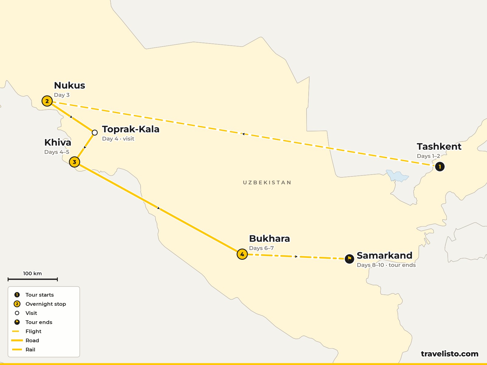 Map of the 10-day route from Tashkent to Nukus, Khiva, Bukhara and Samarkand
