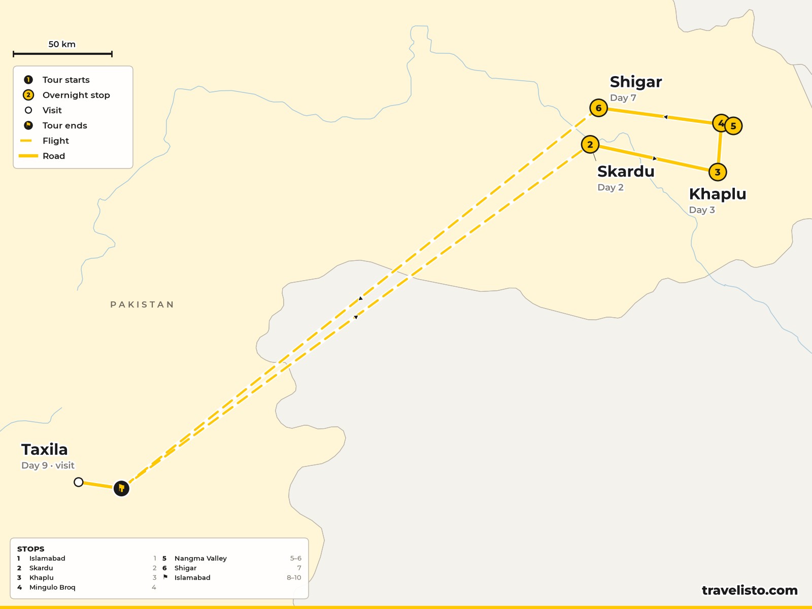Map of the 10-day route from Islamabad to Skardu, Khaplu, the Nangma Valley and back