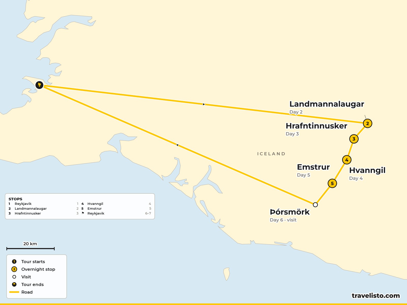 Map of the 7-day Laugavegur Trail trek from Landmannalaugar to Thórsmörk