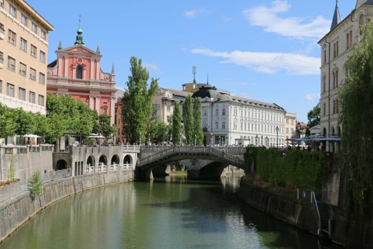 The Triple Bridge and Franciscan Church in Ljubljana, Slovenia