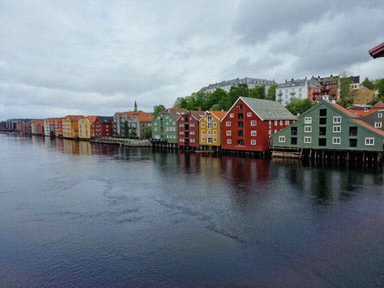 Colourful wharf houses along the river in Trondheim