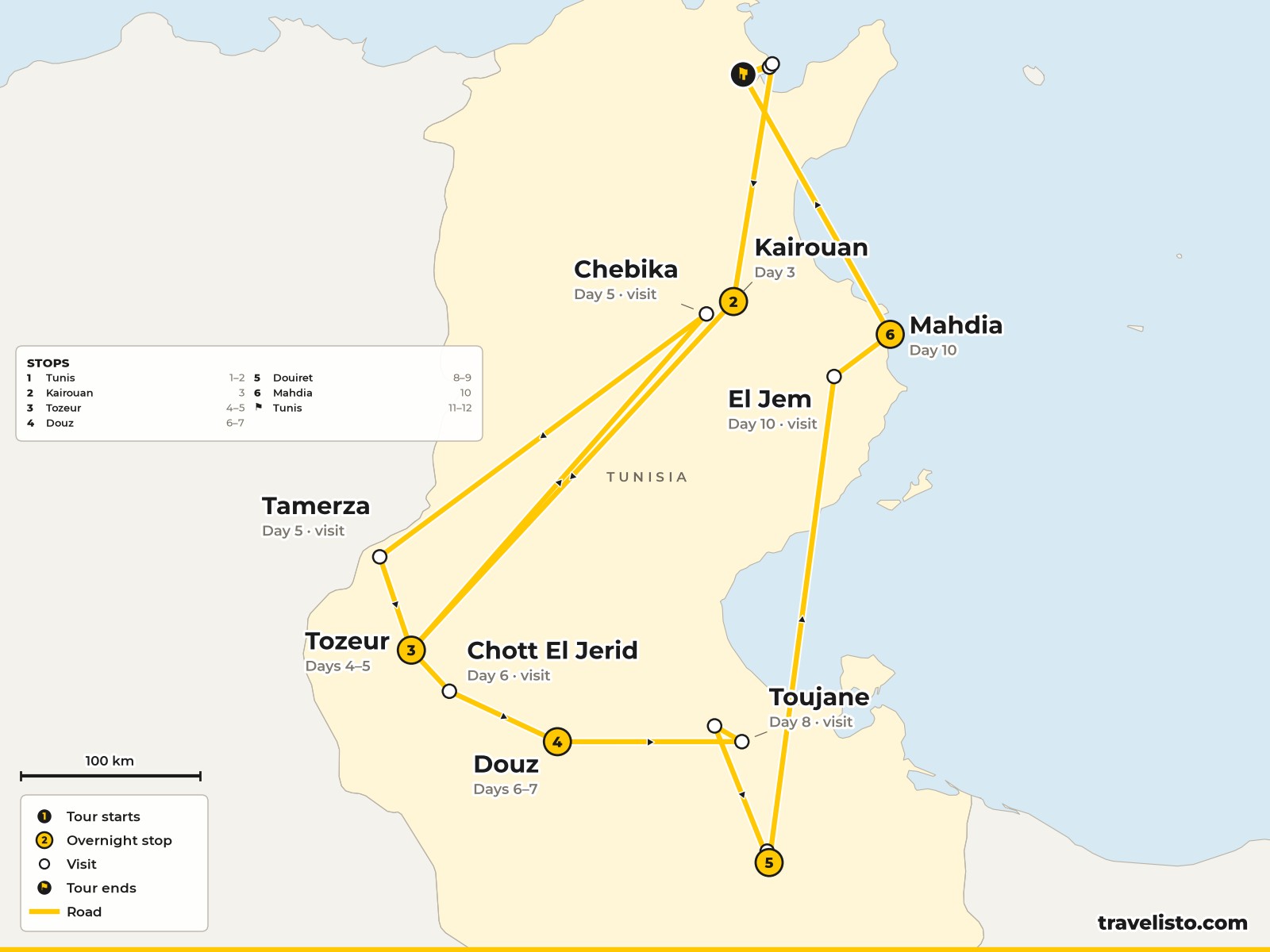 Map of the 12-day loop from Tunis to Kairouan, Tozeur, the Sahara, Douiret, El Jem and back