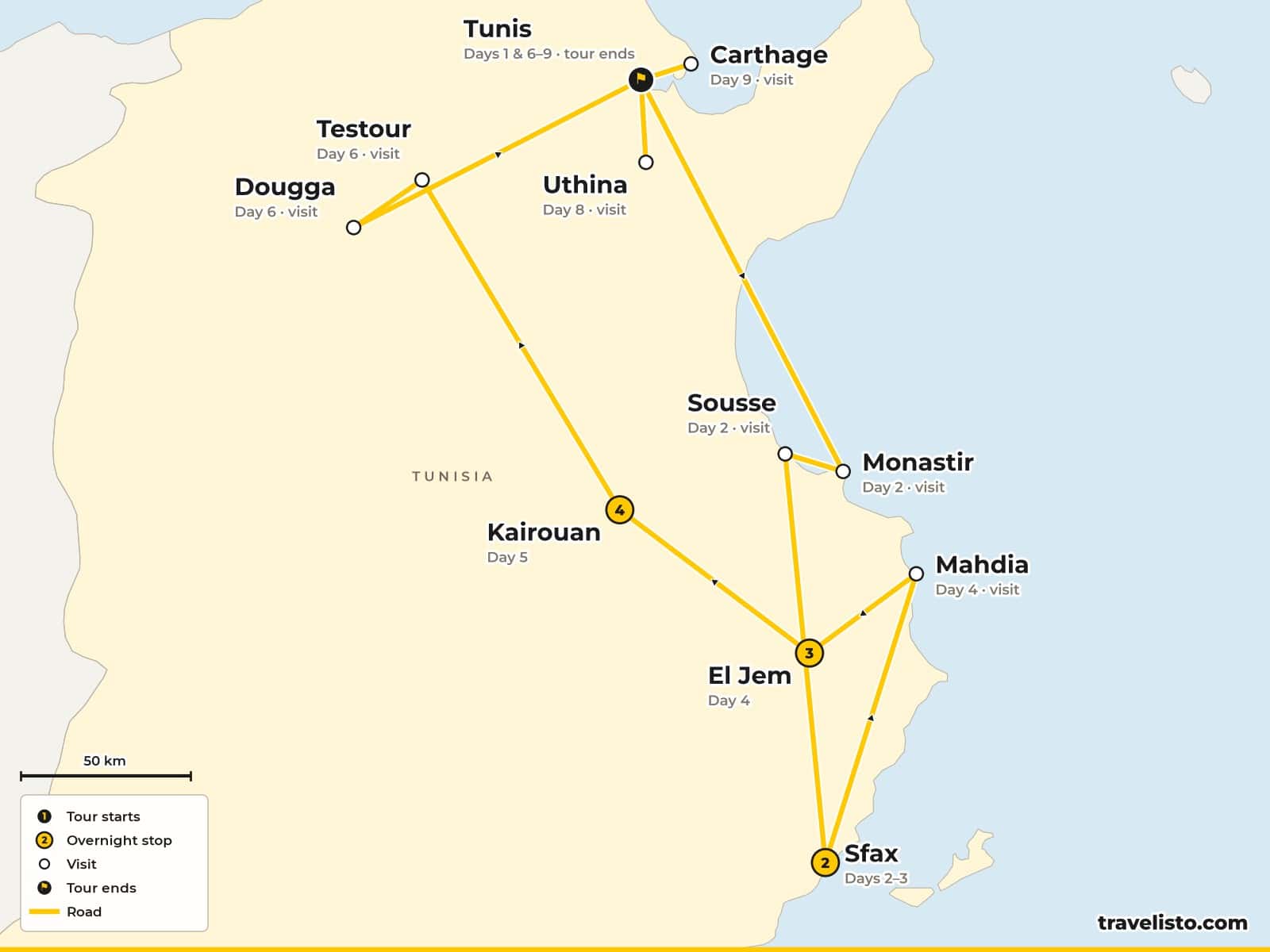 Map of the 10-day tour from Tunis down the coast to Sfax, El Djem and Kairouan, then Dougga, Uthina and Carthage