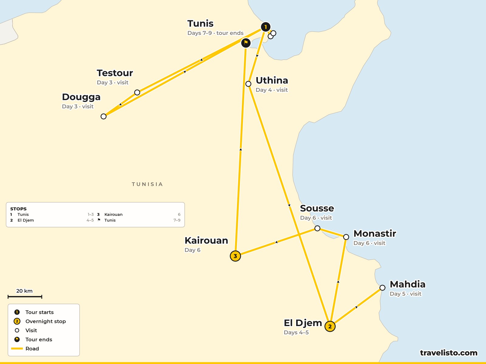 Map of the 9-day route from Tunis to Dougga, El Jem, Sousse, Kairouan and back